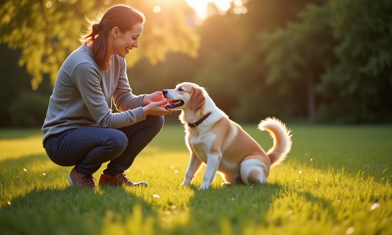A happy dog and owner during a positive reinforcement training session.