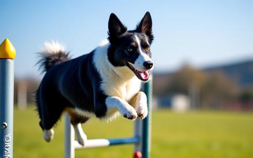 A border collie jumping through an agility hoop.