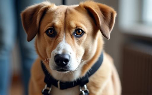 A calm dog in a harness looking attentively at its trainer.