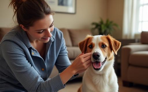 A trainer working with a dog in a home living room setting.