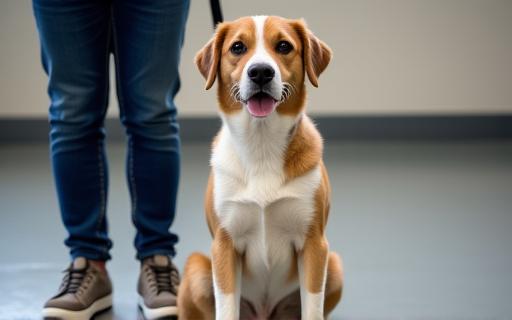 A dog sitting patiently next to its owner during an obedience class.