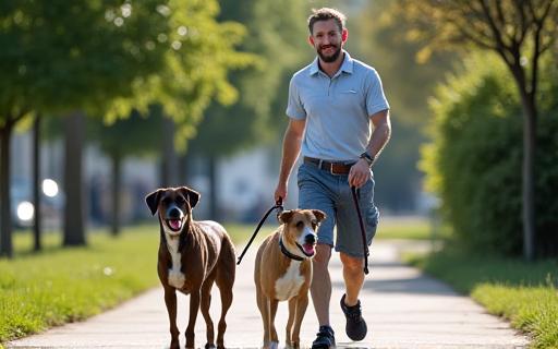 A professional dog walker with two dogs on leashes.