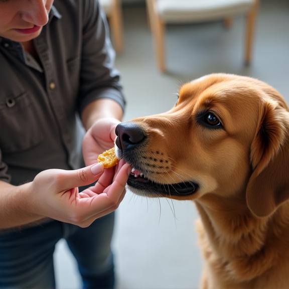A trainer giving a treat to a well-behaved dog.